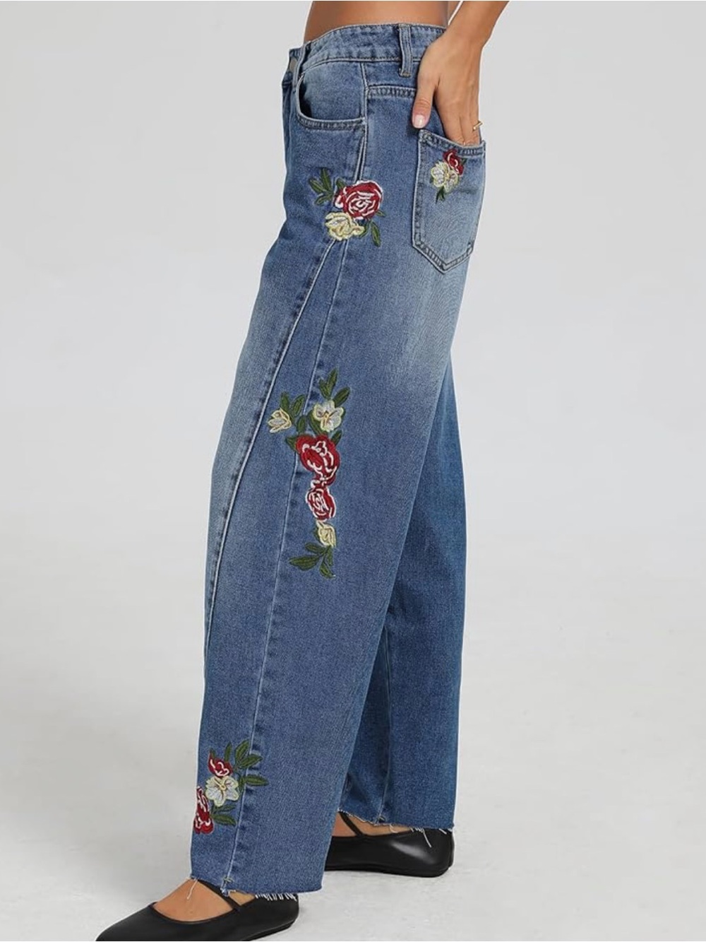Embroidered Wide-Leg Blue Jeans - Picture 2 of 2